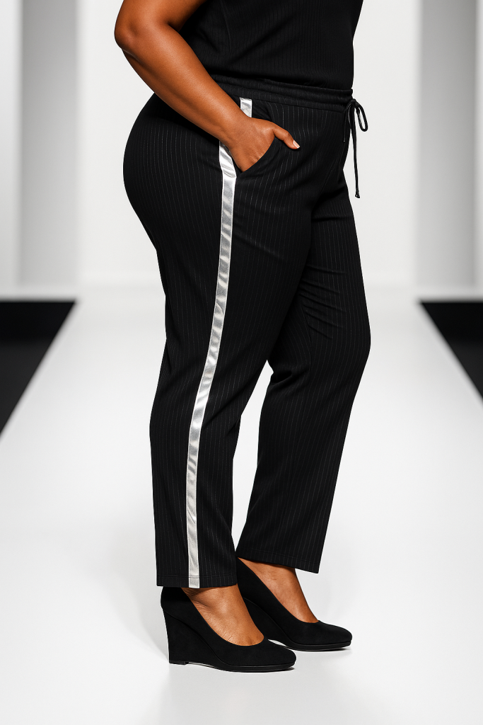 black pinstripe pant with silver stripe